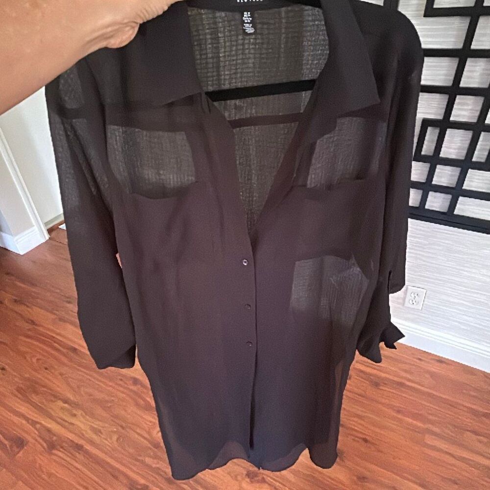 Jones New York black sheer gauze long sleeve button-down swimsuit cover-up with
